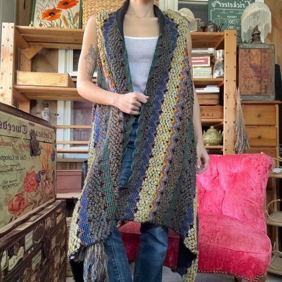The Unbranded Brand Jackets & Blazers - Boho Chunky Knit Longline Vest Multi Color Chevron Popcorn Stitch Tassel Hem